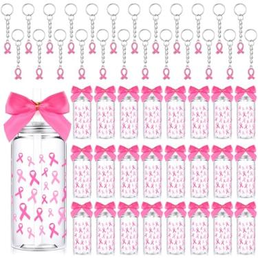 Imagem de Skylety Copos de café de plástico de 382 g com tampa de canudo chaveiro e laços (conjunto de 24, dia do câncer de mama)