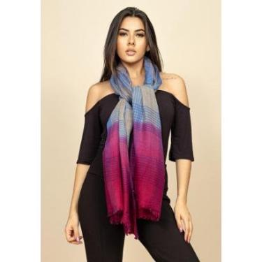 Imagem de Echarpe Lenço Feminino Pashmina Xadrez Pink Blue - Único-Feminino