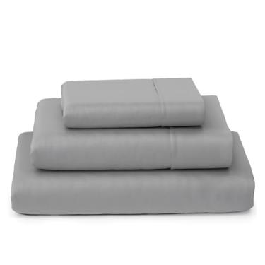 Imagem de SKY BEDDINGS Lençóis de solteiro 100% algodão - 400 fios de cetim trançado, resfriamento, hotel luxuoso conjunto de lençóis de cama solteiro 3 peças com bolsos profundos de 38 cm - cinza claro