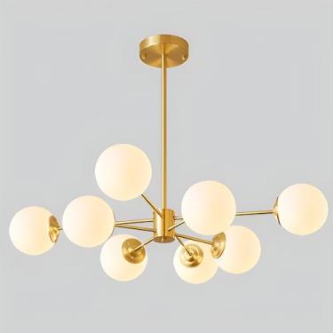 Imagem de KSSTEVNBD Lustre de vidro Sputnik de 8 luzes lustres dourados modernos luminária pendente globo vintage bola teto luminária embutida para sala de estar, sala de jantar, quarto, cozinha