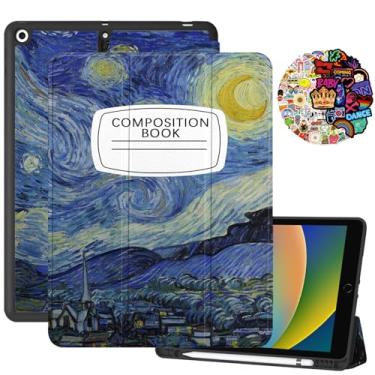 Imagem de Cabreche Compatível com capa para iPad de 10,2 polegadas, capa de 9ª/8ª/7ª geração (2021/2020/2019) adesivos com suporte de lápis, capa automática hibernar/despertar, livro de composição de caderno preppy fofo - azul