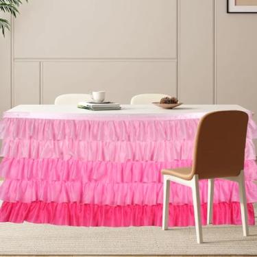 Imagem de HJJWNDDNG Toalha de mesa tutu para mesas retangulares, 183 x 76 cm, saia de toalha de mesa retangular, festas de aniversário, casamento, chá de bebê, meninas, decorações de festa (rosa gradiente)