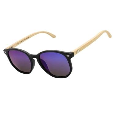 Imagem de Oculos de Sol Hexagonal Premium Bambu Classico Retro UV400 Masculino Feminino Unisex - Modelo Tulum Polarizado - Cacife Brand (Azul Espelhado)