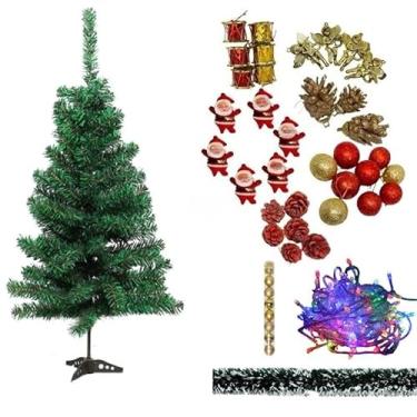 Imagem de Arvore De Natal Pequena 60cm Mini Pinheiro Verde Escritório Mesa Galhos(Árvore 60cm + Enfeites + Pisca)