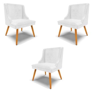 Imagem de Kit 3 Cadeiras Decorativas Sala De Jantar Pés Palito De Madeira Pu Branco Brilho/natural