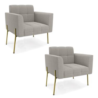 Imagem de Poltrona Sala Estar Pé Ferro Dourado Kit 2 Elisa Bouclê Cinza D03 - D'Rossi