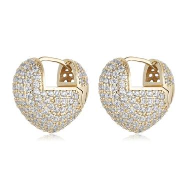 Imagem de HZMAN Brincos femininos banhados a ouro 18K de latão banhado a ouro 18 quilates com argola e coração de zircão, presentes hipoalergênicos e leves, Latão, Zircônia cúbica