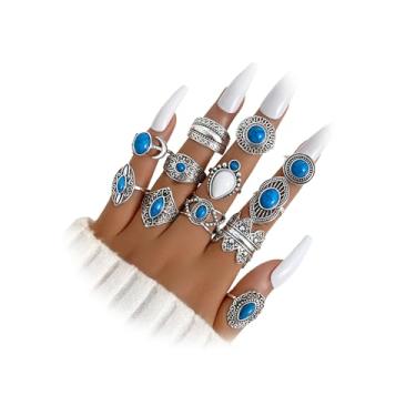 Imagem de ZOVOLI 12 peças de anéis vintage de prata antiga para mulheres, moda imitação turquesa, boho, anéis empilháveis para mulheres, conjunto de anéis de joias e presentes, One Size Fits Most, Metal, Sem