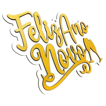 Imagem de Placa Decorativa Frase Feliz Ano Novo Dourado 3D Relevo MDF Enfeite Natal Decoração Porta Virada