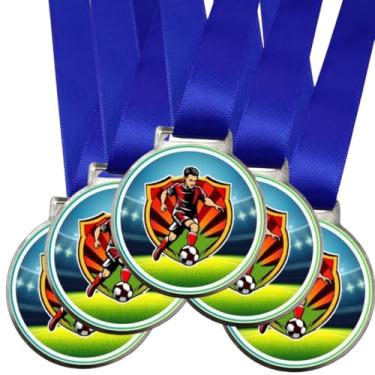 Imagem de Kit 5 Medalhas Para Futebol Premiação de Campeão Esportes 50mm Com Fita Azul