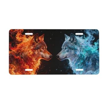 Imagem de UEQIKI Placa de Licença Frontal de Lobo de Fogo de Gelo para Mulheres Placas Decorativas Alumínio Metal Linda Novidade Capa de Placa de Licença para Homens 15 x 30 cm (4 Furos)