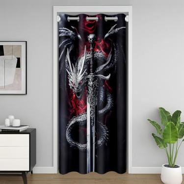 Imagem de Castle Fairy Cortina de porta de animais mágicos ocidentais privacidade, espada de dragão cortina blackout vermelho escuro, cortina de janela de porta de dragão preto 1 painel, 132 cm L x 203 cm C