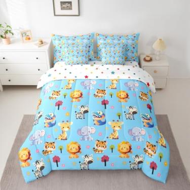 Imagem de jejeloiu Conjunto de edredom infantil com estampa de animais de solteiro, girafa azul, elefante, tigre, leão, zebra, 7 peças, para decoração de quarto, microfibra leve