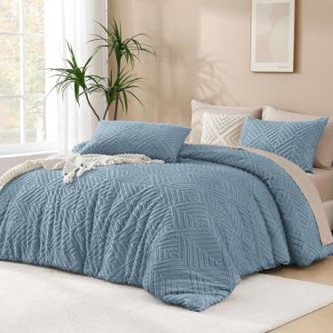 Imagem de Andency Conjunto de cama king extragrande azul acinzentado, 300 x 300 cm, conjunto de cama e coleções super king boho, macio, adornado com casa de fazenda, para todas as estações (1 edredom, 2 fronhas