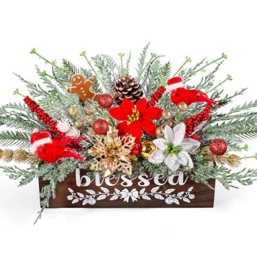 Imagem de Mesa de centro de mesa de Natal, arranjos florais artificiais, caixa de madeira, planta em vaso com poinsétia, frutas vermelhas, pinheiro, agulha, cedro, para Natal, inverno, bandeja em camadas