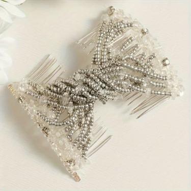 Imagem de Pente de cabelo feminino elástico mágico para decoração de beleza pente pérola elástico com contas laço duplo pentes para mulheres acessórios de cabelo - E