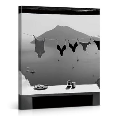 Imagem de Impressão de arte de parede de biquíni para pendurar em preto e branco, arte de pôster costeiro para sala de estar ou decoração de quarto com vista do mar, tela emoldurada 20 x 25 cm