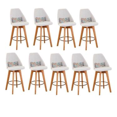 Imagem de Kit 09 Banquetas Alta Maya Giratória Com Encosto Linho Bege Claro e Almofada Folhas - Aurora Line