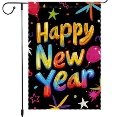 Imagem de Feliz Ano Novo Bandeira de jardim 30,5 x 45,7 cm dupla face pequeno balão colorido e design de fogos de artifício bandeiras de jardim de inverno decoração de férias casa exterior decoração exterior
