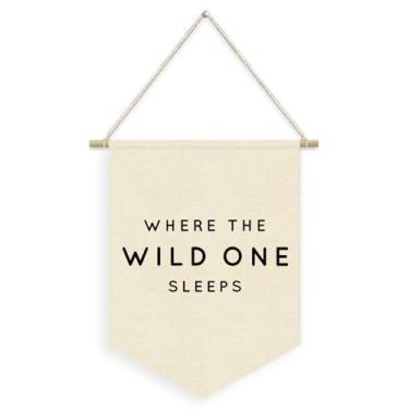 Imagem de Dilemat Faixa de flâmula de linho, decoração de quarto de crianças, quarto de bebê, onde o selvagem dorme, bandeira pendurada na parede de berçário de aventura para decoração de sala de jogos