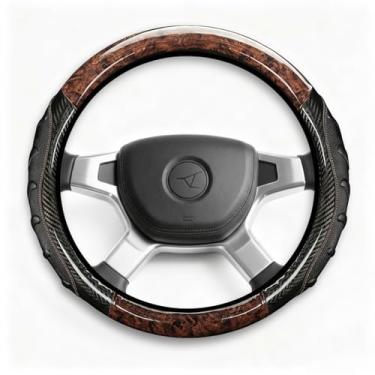 Imagem de Capa de volante de caminhão resistente 43 a 45 cm, fibra de carbono com aderência antiderrapante, protetor de roda extragrande para semi-caminhões comerciais, ônibus e trailers (marrom/preto)