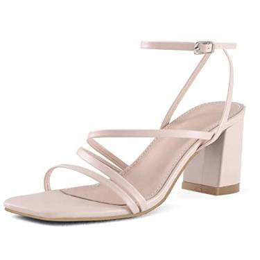 Imagem de LACUONE Sandálias femininas de salto médio com bico quadrado e salto grosso, tiras no tornozelo com fivela, A nude, 8.5