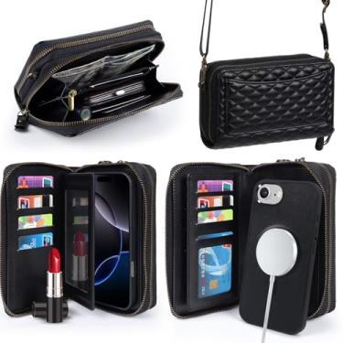 Imagem de Harryshell Capa carteira compatível com iPhone 16e com vários zíperes, removível, com compartimentos para cartões com bloqueio de RFID, alça transversal espelhada (compatível com Magsafe - Preto)