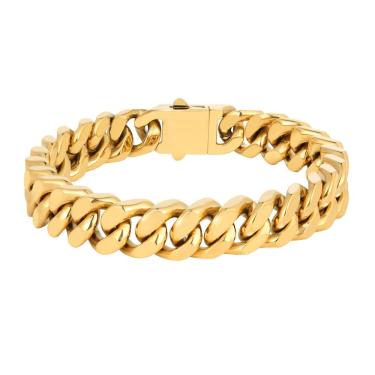 Imagem de Pulseira masculina de aço inoxidável Cuban Link de 20 cm com acabamento dourado