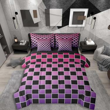 Imagem de Erosebridal Conjunto de edredom geométrico, xadrez, 7 peças, roxo, rosa choque, ombré, com lençóis, xadrez estético, para crianças e adultos, conjunto de cama quadriculado preto degradê