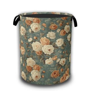 Imagem de Cesto de roupa vintage com flores rosas, cestos de lavanderia dobráveis florais retrôs, tecido Oxford à prova d'água com alças, organizador de brinquedos para banheiro/berçário/quarto, 40,6 x 52,8 cm