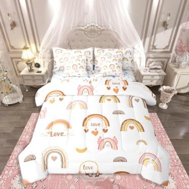 Imagem de Erosebridal Jogo de cama com estampa kawaii, tamanho solteiro, arco-íris, 7 peças, para crianças, adolescentes, mulheres, coração, amor, em uma bolsa, nuvem e lua, respirável, decoração de quarto