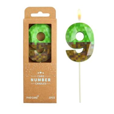 Imagem de PHD CAKE Velas de aniversário de 9 pixels, número de 9 pixels, velas verdes com número de mineiro, velas com número de bolo, celebração de festa, vela estilo