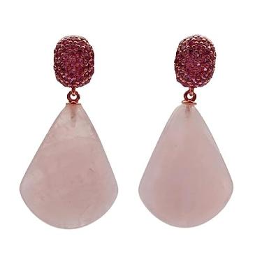 Imagem de Brincos de quartzo rosa natural de 20 x 25 mm em forma de leque, fúcsia, zircônia cúbica, pavê