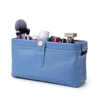 Imagem de shuainiu Bolsa de maquiagem de couro para viagem, mini caixa de maquiagem à prova d'água, pequena bolsa de armazenamento de viagem, Azul