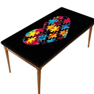 Imagem de hongjinglin Toalha de mesa retangular de 1,8 m elástica ajustada amor colorido autismo toalha de mesa elástica retangular capa de mesa protetora de mesa lavável à prova d'água para piquenique, jantar