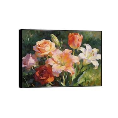 Imagem de Pintura de arte de parede de flores - imagem de decoração vintage - lírios e rosas - impressões em tela moldura preta para sala de estar 90 x 125 cm 35 x 49 pol