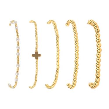 Imagem de XIAOSLMP Conjunto de pulseiras de ouro para mulheres, várias pulseiras de cruz de pérolas em ouro 14K como presentes para amigas, joias empilháveis simples e presentes, one size, Aço inoxidável, Sem
