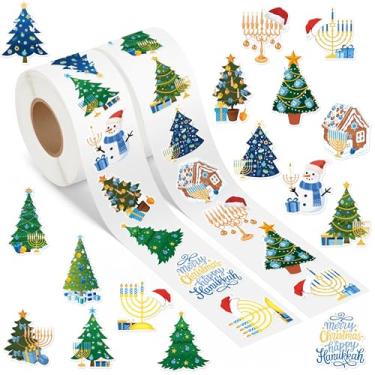 Imagem de DSjuedui Adesivos de rolo de Natal de Hanukkah - 1000 peças de árvore de Natal azul com menorá Chrismukka adesivos para crianças e adultos, decalques de ano novo para festa decoração de casa laptop