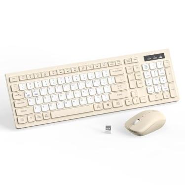 Imagem de RECCAZR Combo de teclado e mouse sem fio, teclado de tamanho completo e mouse DPI ajustável, teclado e mouse sem fio (cor latte-B)
