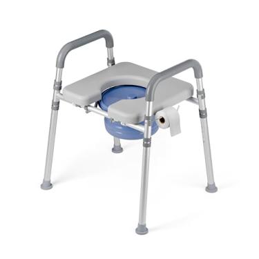 Imagem de Loyoda Cômoda de cabeceira com balde para idosos, cadeira de vaso sanitário com alças e assento acolchoados, vaso sanitário de cabeceira de 181 kg com altura e largura ajustáveis para grávidas