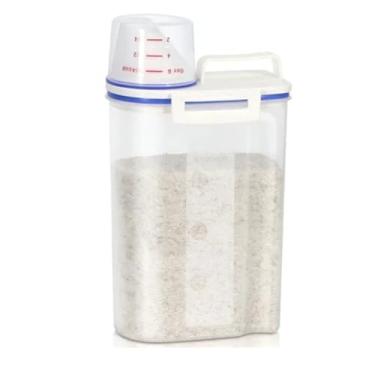 Imagem de Pote Hermético Multiuso com Dosador, 1,5kg, Transparente Branco e Azul, Plástico PP, Tampa Vedação Borracha, Copo Medidor Integrado, 21x15x9cm