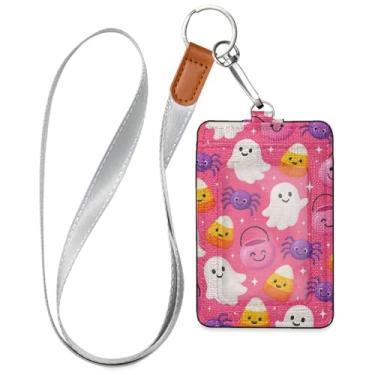 Imagem de Wassud Porta-crachá de couro PU Cartoon Ghosts Pumpkins com cordão, porta-cartão de identificação para trabalho, cordão de pescoço com compartimentos para cartões de crédito, funcionários, estudantes