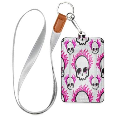 Imagem de Wassud Crânios com chamas de couro PU porta-crachá com cordão, porta-cartão de identificação para trabalho, cordão de pescoço com compartimentos para cartões de crédito, funcionários, estudantes, 39,9