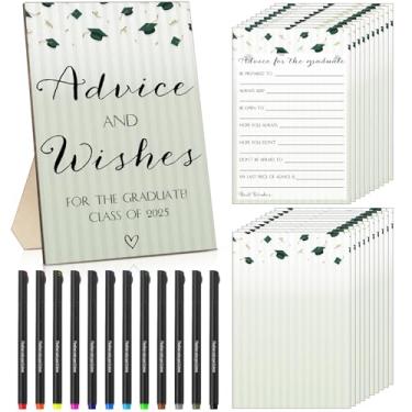 Imagem de GlikCeil 113 peças de jogo de festa de formatura 1 placa de madeira de conselhos para graduação 100 cartões de conselhos e desejos com 12 canetas de tinta fineliner lembrancinhas de festa de formatura
