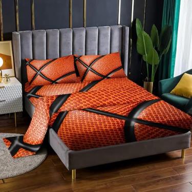 Imagem de Nttopship Jogo de cama casal de basquete, 4 peças, com bolsos profundos de 41 cm, decoração de quarto esportivo, 4 peças (1 lençol + 1 lençol + 2 fronhas)