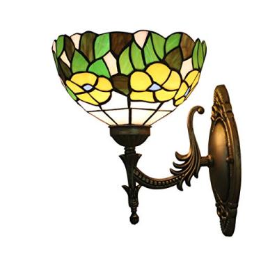 Imagem de Arandela de parede vintage estilo Tiffany com flores amarelas, 20 cm, com flores campestres, feita à mão em vitral, ideal para cabeceira, quarto, sala de estar e corredor.