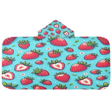 Imagem de Burbuja Linda toalha de banho com capuz de morango para crianças, toalha de praia de pelúcia macia absorvente para meninas e meninos 3-10 anos, 61 x 127 cm