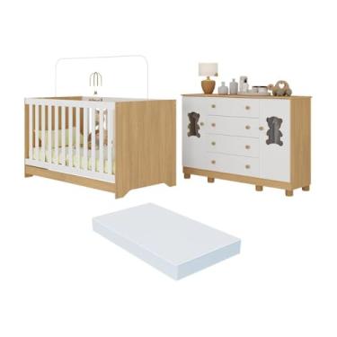 Imagem de Berço Americano 3 em 1 com Colchão Incluso e Cômoda 2 Portas 4 Gavetas Fofura Multimóveis Mp4736 Madeirado/branco