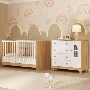 Imagem de Berço 3 em 1 para Colchão 130x60cm com Cômoda 1 Porta 4 Gavetas Aurora Multimóveis Mp4762 Madeirado/branco