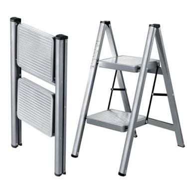 Imagem de XinSunho Escada de 2 degraus, banco dobrável com pedal largo antiderrapante, escada portátil de aço resistente, 2 degraus, escada de segurança para cozinha e casa de 150 kg